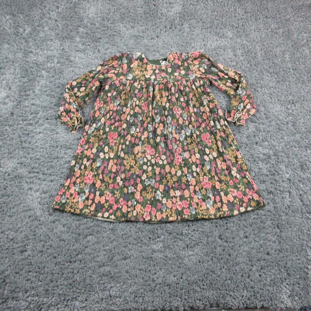 Klai Dress Girls 7 Green Floral Long Sleeve Velvet Krinkle Pleated Lined NWT